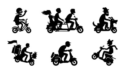 Diverse Scooter Silhouettes Collection: People Riding Motorbikes, Tandem Scooters, Delivery Bikes, and Freestyle Riders, Vector Icons for Transportation and Lifestyle Themes © Enamul