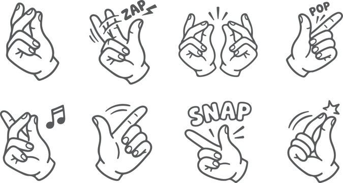 Hand gesture collection set finger snap pop zap music sound effect isolated on transparent background line art.