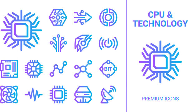 CPU and technology icons with blueprint style and gradient colors for digital computing.