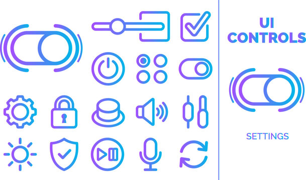 UI controls and settings icons toggles slider checkbox power and volume icons blue purple gradient.