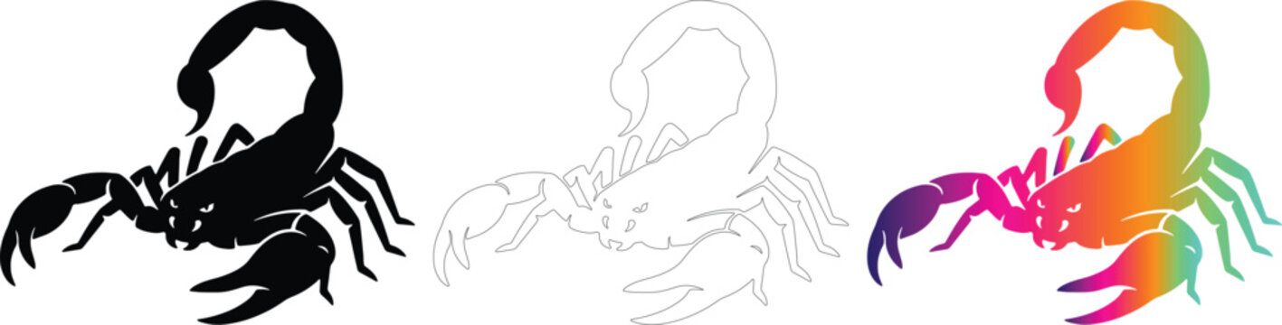 Scorpion vector silhouette set with line art and colorful gradient icon on white