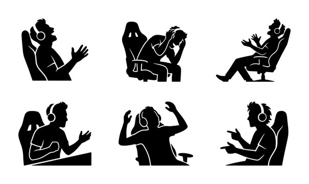 Gamer Silhouette Icons, Gaming Chair Expressions, Esports Player Emotions, Digital Entertainment Poses, Vector Set