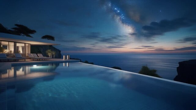 Serene infinity pool overlooking ocean at dusk with modern house and warm lighting