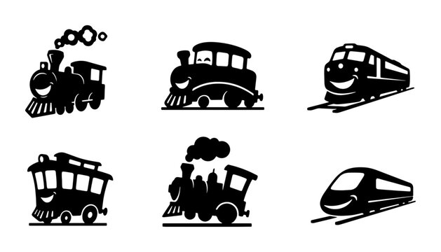 Charming Train Icons Set, Vintage Steam Engine and Modern High-Speed Rail Vector Graphics, Children's Transportation Illustrations, Black and White Silhouettes