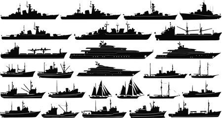 Naval Ship and Boat Silhouette Vector Collection Featuring Warships, Cargo Vessels, Yachts, Fishing Boats, and Maritime Transportation Designs © EdGe Creative