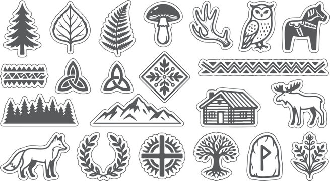 Nordic nature symbols forest owl moose cabin tree rune mythology viking scandinavian.