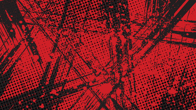 A red background with subtle black brushstrokes and halftone dots.
