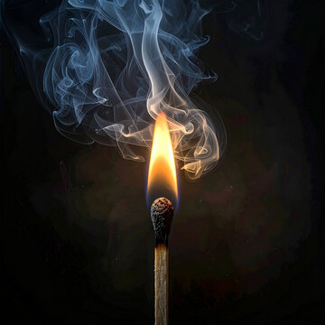 Close up of a burning match stick with dramatic smoke trails