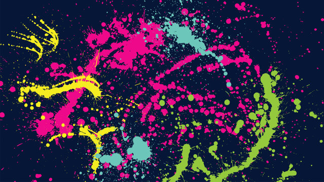 A dark background with iridescent, multicolored paint splattered all over the area.