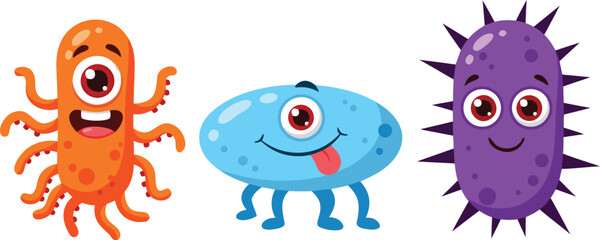 Fototapeta premium Cute Cartoon Germ and Bacteria Vector Characters Featuring Funny Microorganisms for Medical Education, Science, and Kids Healthcare Designs