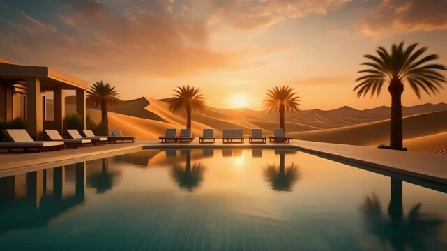 Serene desert oasis pool at sunset with palm trees and modern lounge chairs