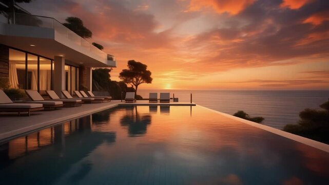 Serene infinity pool overlooking ocean at sunset with modern villa and lounge chairs