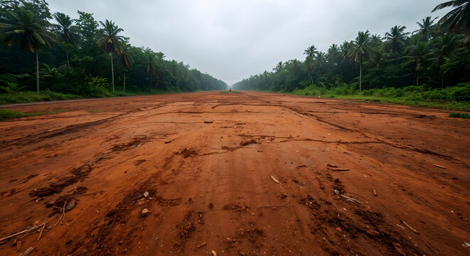 wide angle shot of empty red dirt road running through tropical forest under cloudy sky
