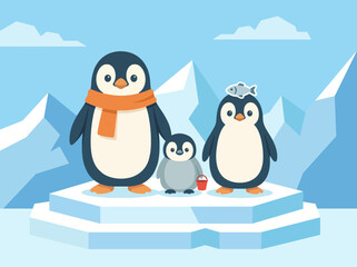 Obraz premium A charming illustration of a family of three penguins on a floating iceberg, set against icy blue mountains, evoking feelings of warmth and family unity in a frozen landscape.