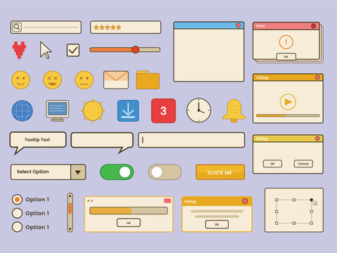 Option 2: 90s Nostalgic Operating System Pop Ups and Geometric Sticker CollectionThis mega bundle vector collection features a comprehensive set of nostalgic graphic elements. It includes classic 90s 