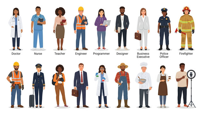 Professional Occupation Characters Set, Diverse Jobs Collection with Doctor, Engineer, Programmer, Police Officer, Firefighter, Chef, Business Executive, Modern Flat Vector Illustration Pack