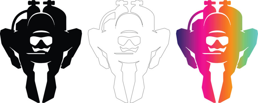 Scuba diver vector icon set with oxygen tanks and fins