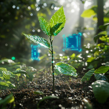 A highly detailed natural scene featuring a young plant analyzed by an advanced AI holographic system that displays environmental metrics in real time