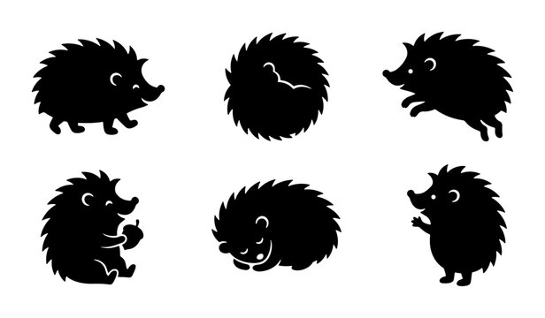 Charming Black Silhouette Hedgehog Vector Icons, Cute Woodland Creature Set, Playful Forest Animal Graphics, Simple Minimalist Wildlife Illustrations