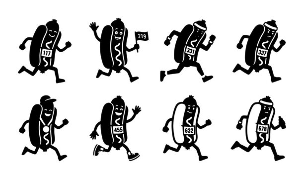 Running Hot Dog Vector Icons Set, Funny Food Characters in Motion, Marathon Race Graphics, Fast Food Athletes, Playful Sausage Characters