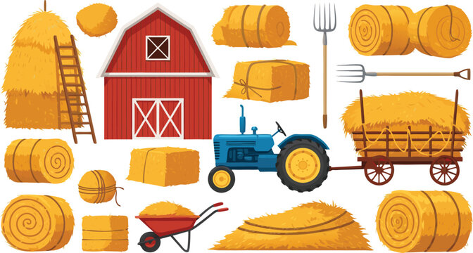 Farm Hay Bale Vector Collection Featuring Barn, Tractor, Straw Wagon, Pitchfork, and Agricultural Equipment for Rural Farming Designs