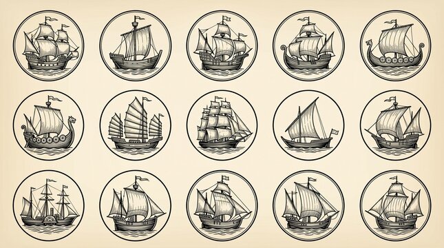 Old Ship Icons Collection Black and White &ndash; Vintage Nautical Vector Set