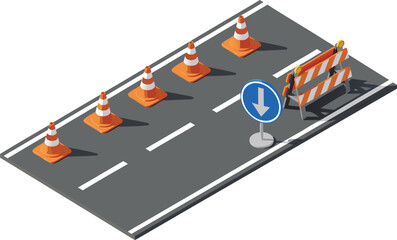 Road Construction Isometric Vector Illustration with Traffic Cones, Barricade, and Direction Sign for Highway Repair and Safety Designs © EdGe Creative