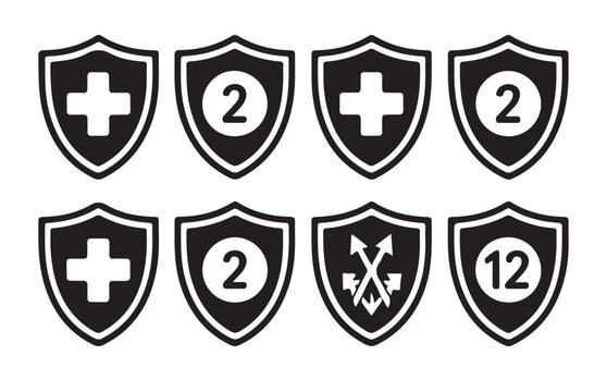 Medical shield protection icons set with cross symbol and numbers two twelve arrows and x marks.