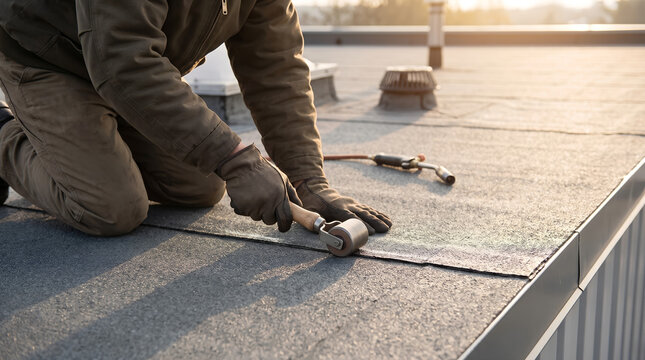 Roofer installing roofing felt on a flat roof, using a roller and a gas torch at sunset.
