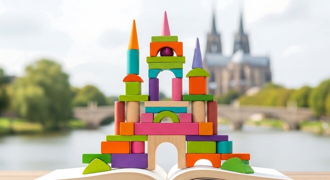 Colorful wooden blocks castle construction on an open book with blurred European cathedral background