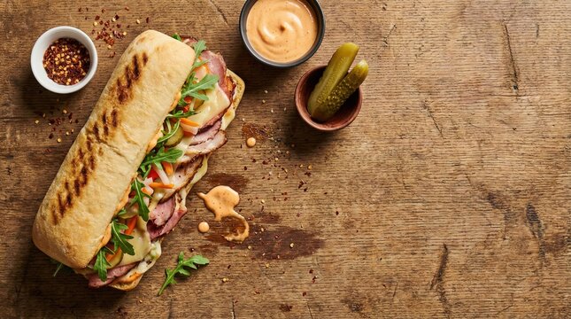 Gourmet sub sandwich top view food photography with ingredients on rustic wooden background
