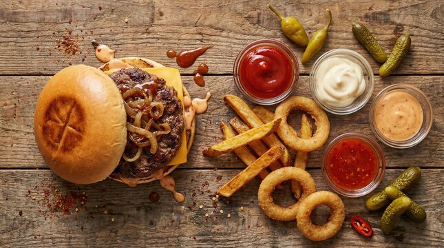 Classic cheeseburger top view food photography with french fries and onion rings on wood