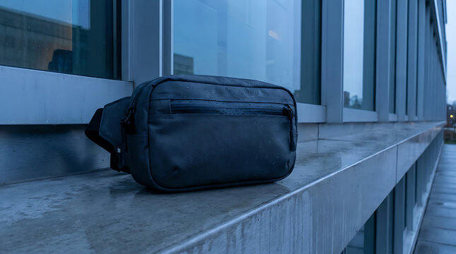 A dark waterproof waist bag with a prominent zipper sits on a wet ledge outdoors
