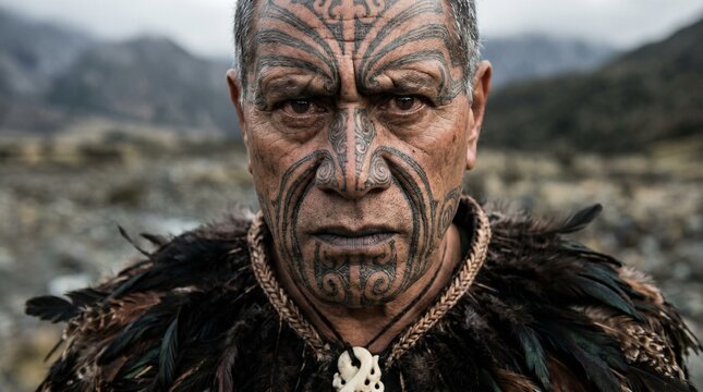 A stoic Māori man with traditional facial moko and ceremonial attire gazes intensely at the camera, embodying the rich heritage and powerful spirit of his culture.