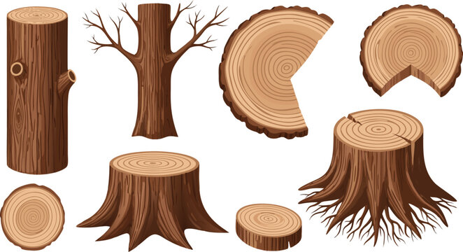 Wood Log and Tree Stump Vector Collection Featuring Timber Trunks, Branches, and Natural Wood Slice Elements for Forestry Designs