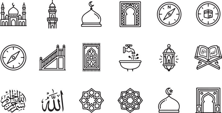 Islamic icon set mosques religious symbols and ritual objects in linear style