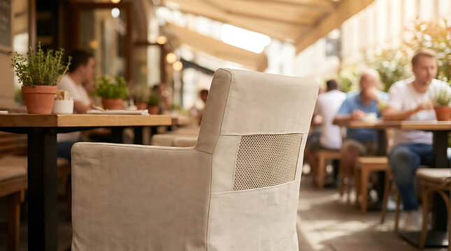 Comfortable beige linen chair with mesh ventilation panel at an outdoor cafe seating area