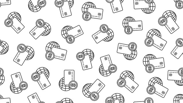 Seamless vector pattern featuring outline icons of a wireframe globe, payment card, and dollar coin on a transparent background, symbolizing payment gateway systems for fintech or banking backgrounds.