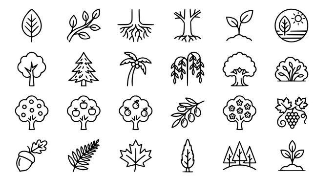 Trees line icon set with roots branches leaves fruit evergreen and tropical vector pictograms