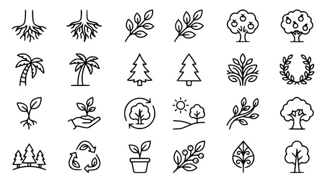 Nature tree outline icon collection with roots leaves fruit trees and tropical plant symbols