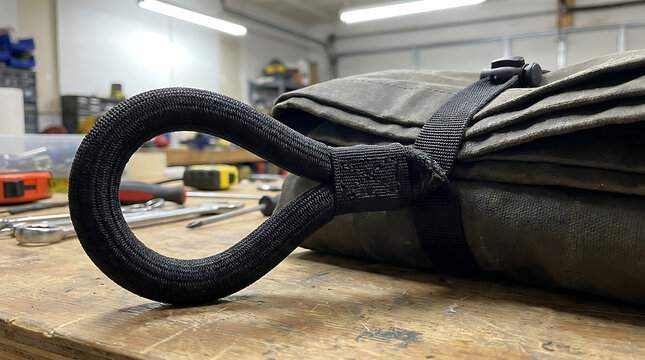 Elastic loop strap securing a fabric cover on a workshop bench with tools