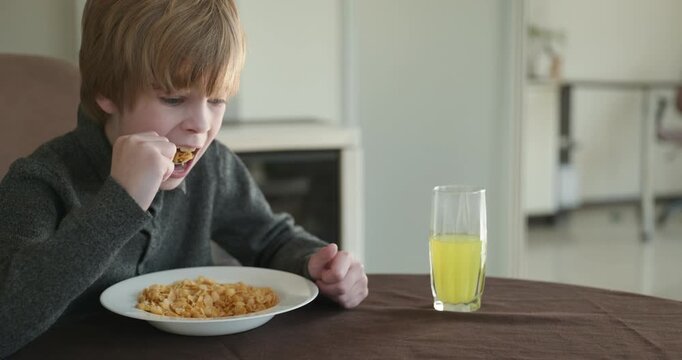 Kid Boy Eats Corn Flakes Meal in Kitchen. 4K 10-bit