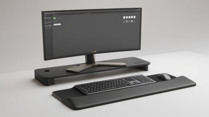 Fototapeta premium Ergonomic keyboard wrist rest and monitor stand with computer setup on clean desk