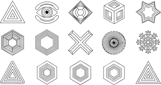 Abstract Geometric Shape Vector Icon Collection Featuring Hexagons, Triangles, Spiral Patterns, and Minimal Line Art Symbols for Modern Design