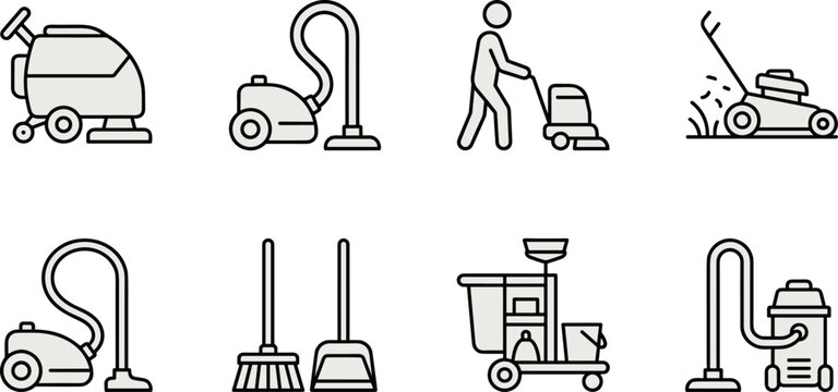 Cleaning Equipment and Housekeeping Icon Set with Vacuum Cleaner, Mop, Broom, Floor Scrubber, and Janitorial Vector Illustrations