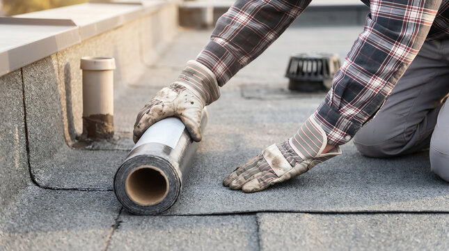 Close up of roofer worker hands in protective gloves unrolling self adhesive bituminous membrane roll on flat roof