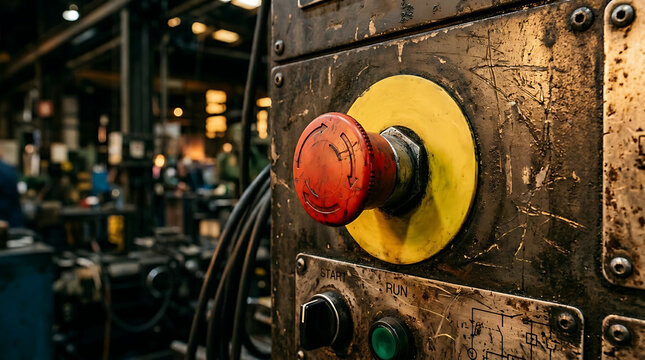 Red emergency stop button on a large industrial machine in a busy factory workshop