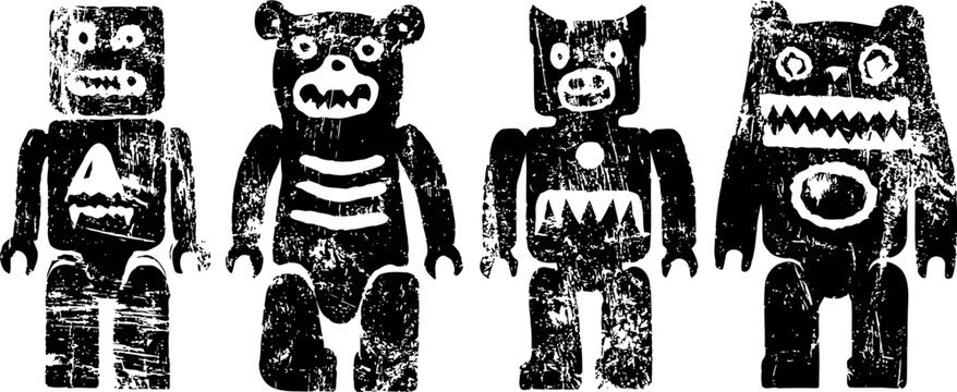 Vintage black and white toy robot and bear figures line drawing with distressed texture