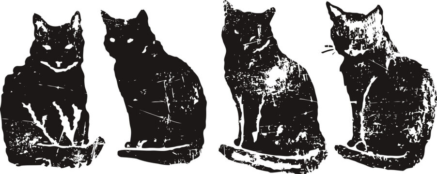 four sitting cats silhouettes in black and white, vintage ink drawing style, feline pets artwork