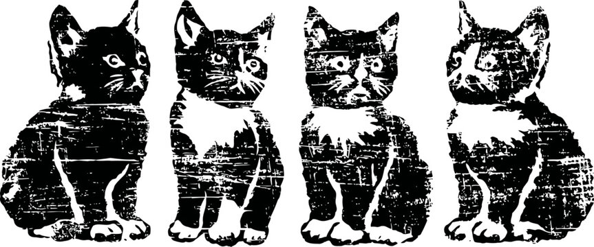 Vintage distressed illustration of four sitting cats in a row with detailed fur and facial expressions